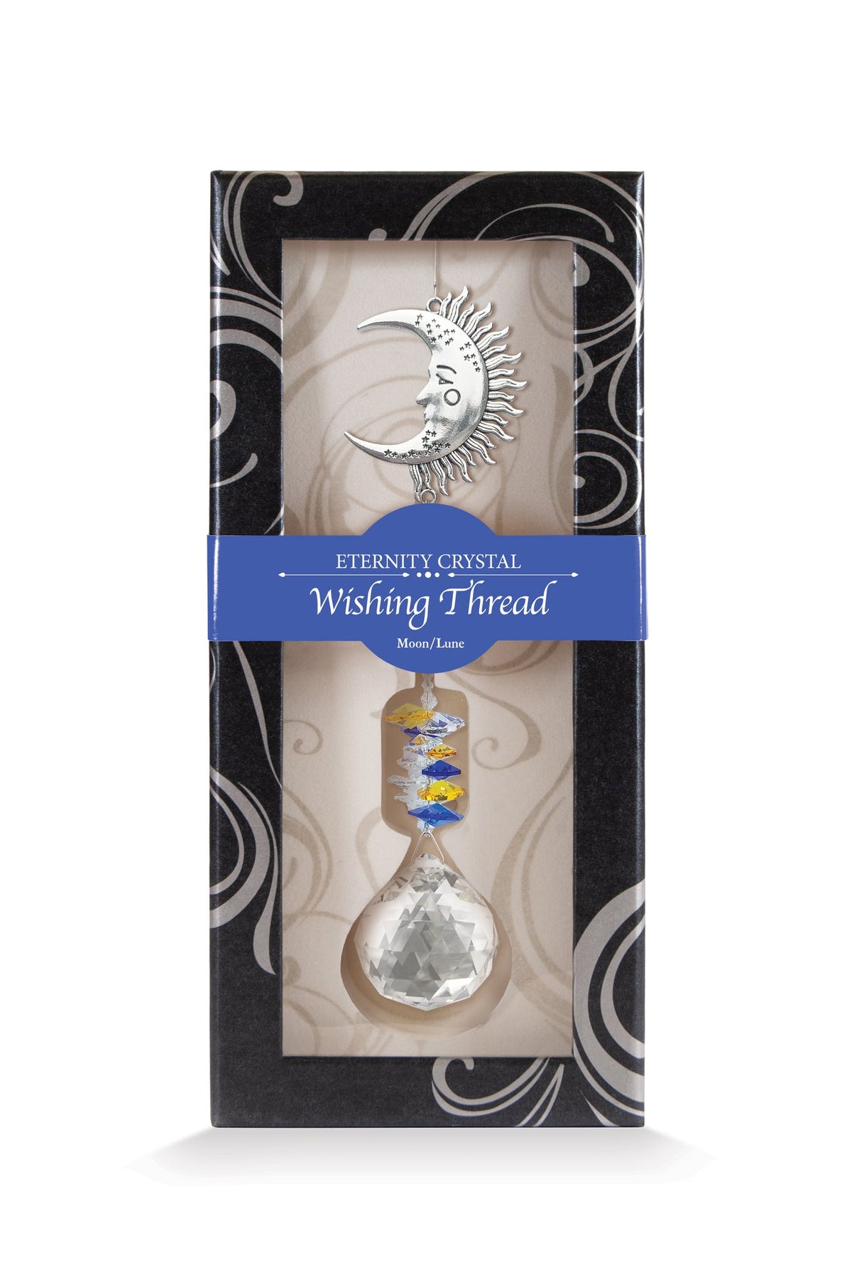 Fil à vœux Lune Eternity Crystal présenté dans sa boîte illustrée avec son cristal facetté.