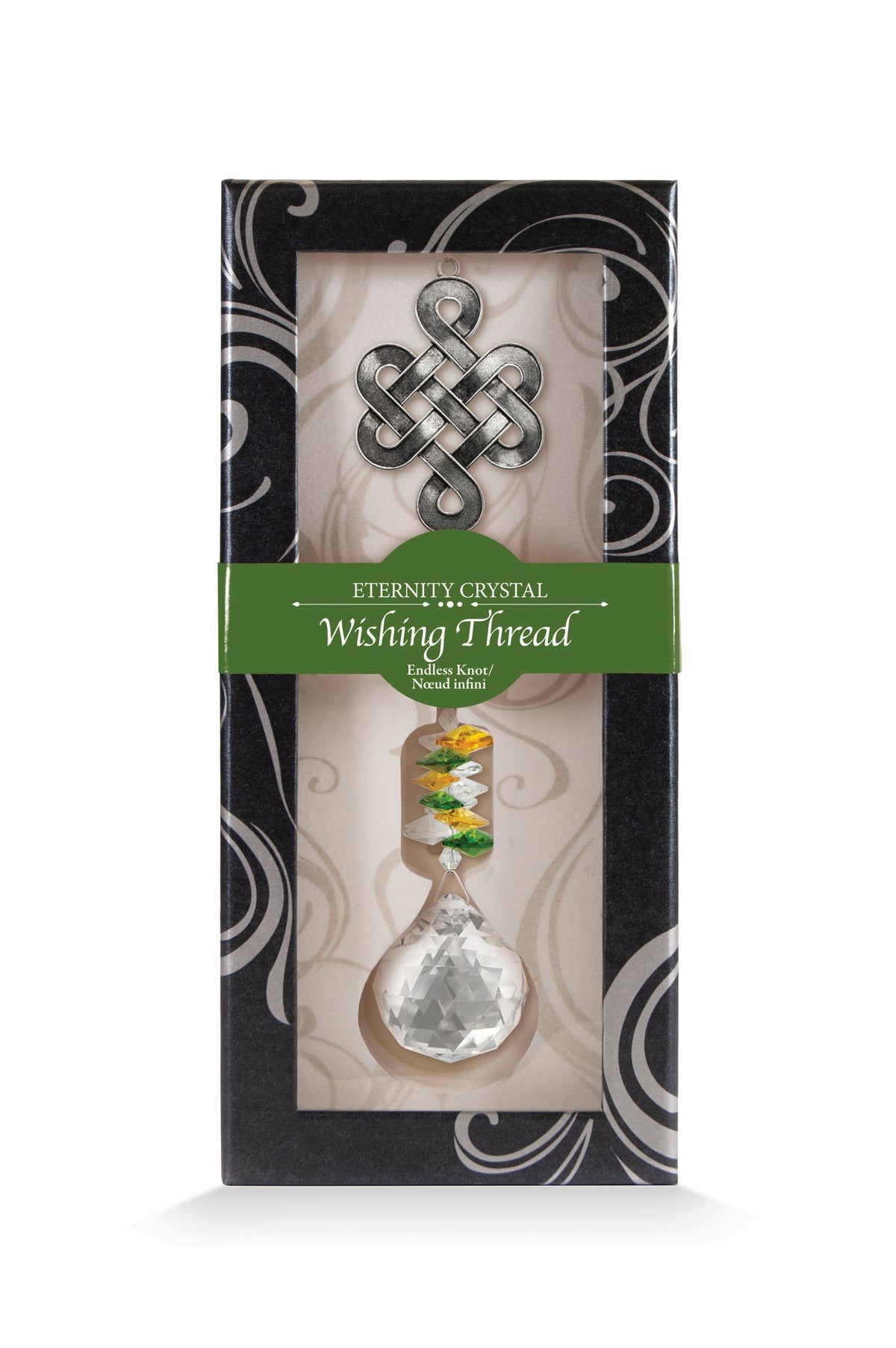 Fil à vœux Nœud infini Eternity Crystal présenté dans sa boîte illustrée avec son cristal facetté.