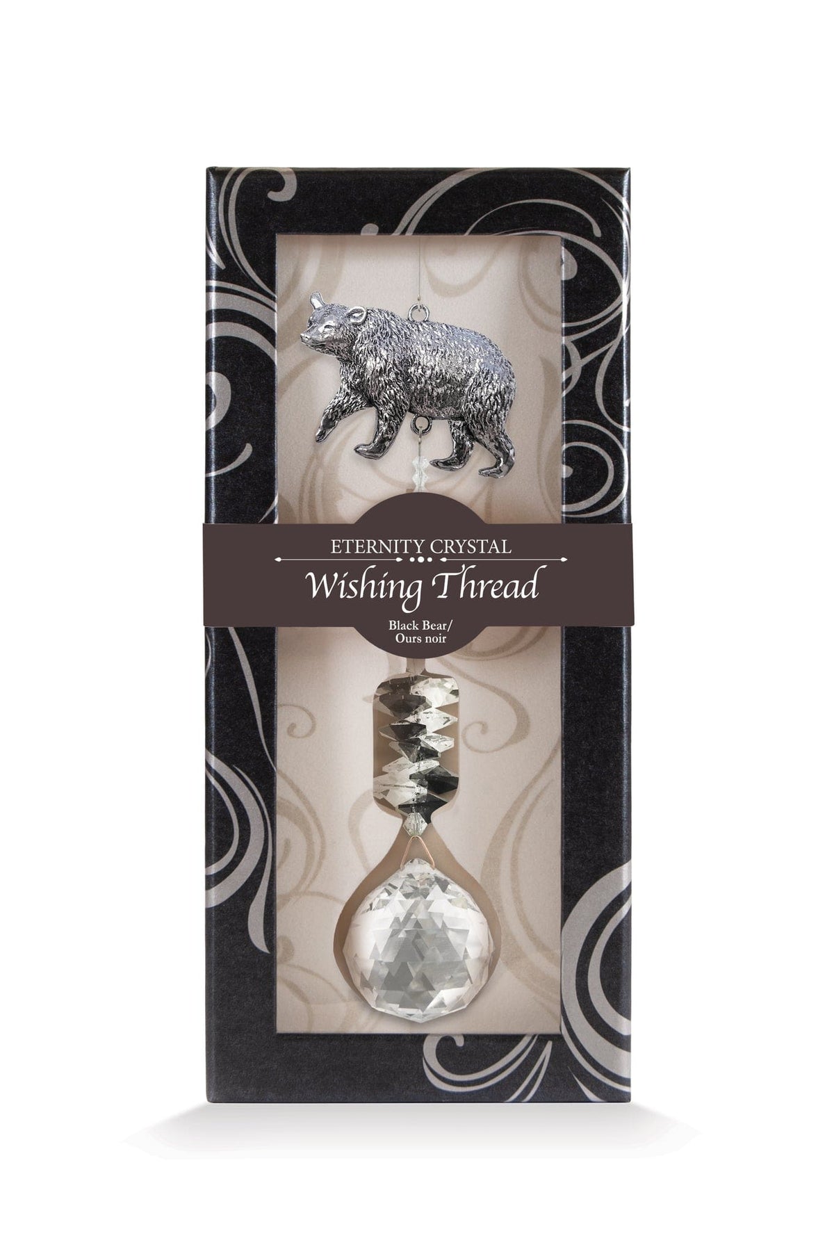 Fil à vœux Ours noir Eternity Crystal présenté dans sa boîte illustrée avec son cristal facetté.