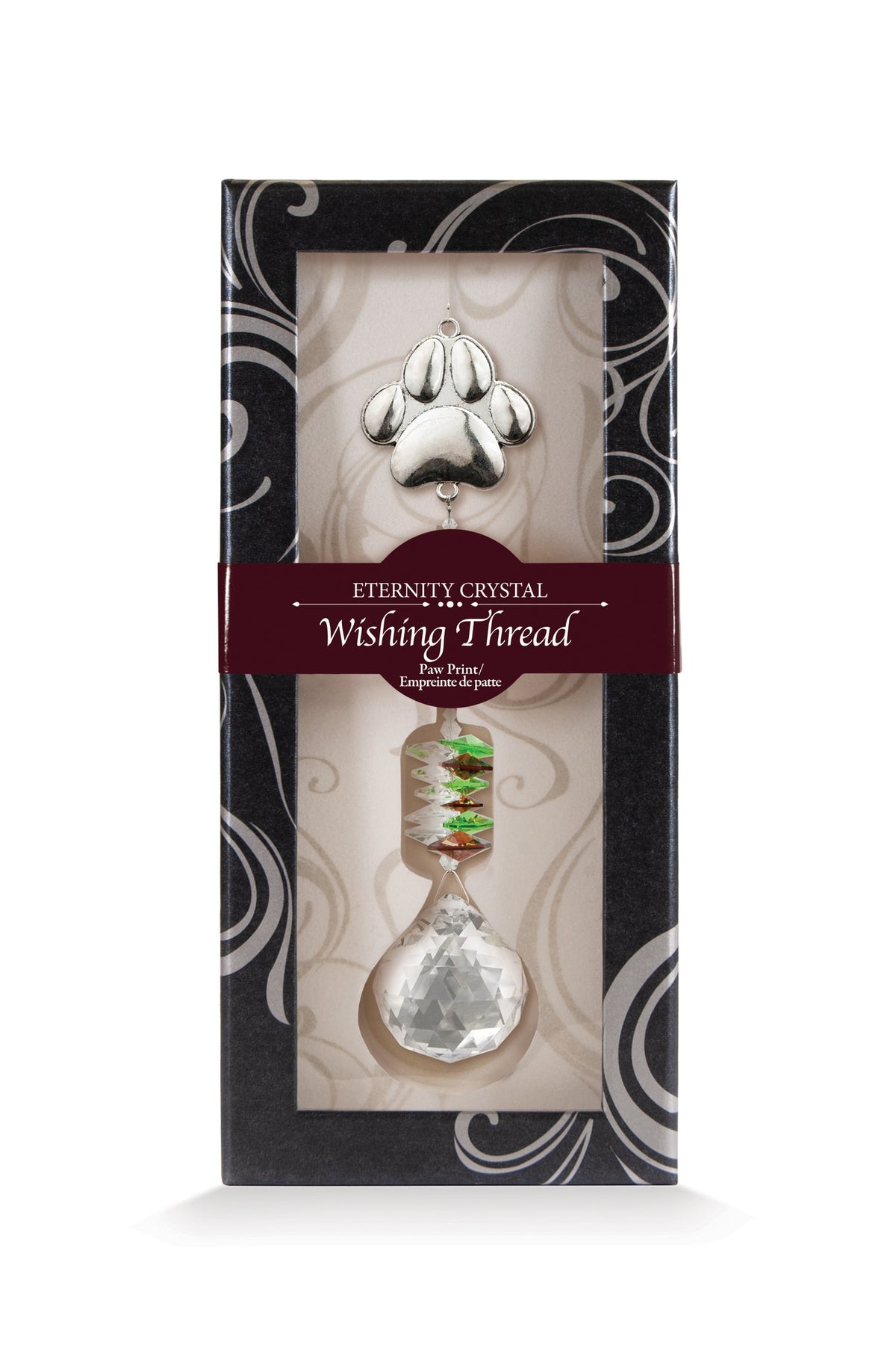 Fil à vœux Patte Eternity Crystal présenté dans sa boîte illustrée avec son cristal facetté.