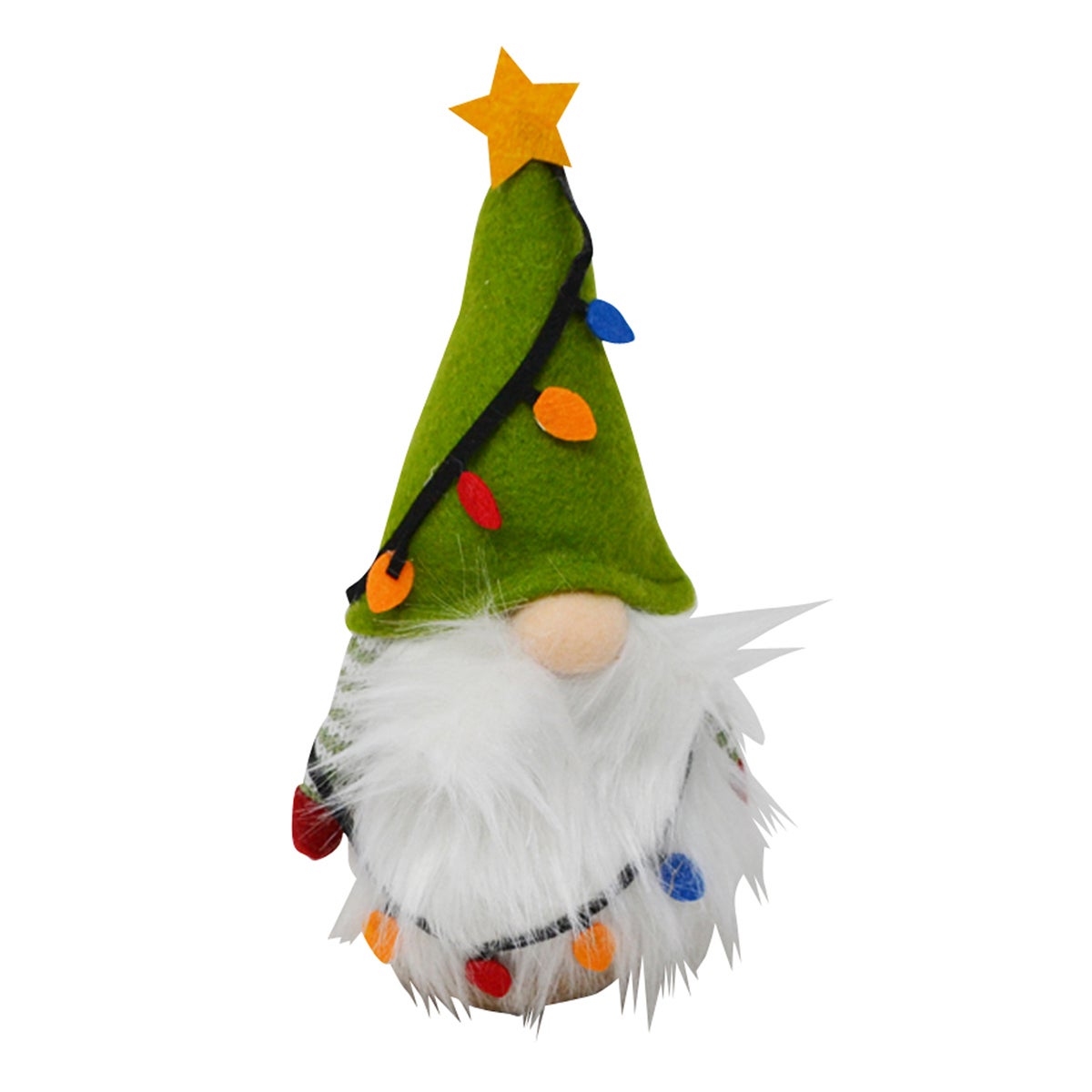 Gnome décoratif à barbe blanche et chapeau sapin vert, surmonté d’une étoile jaune