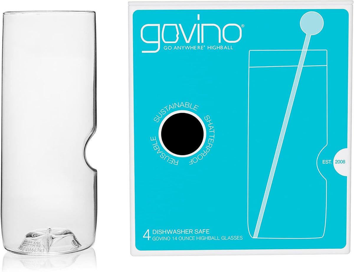 Verres highball Govino 14 oz – un verre transparent à côté de la boîte de quatre