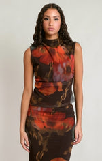Haut en résille à motif floral Dex, coloris marron/orange floral, vêtement porté