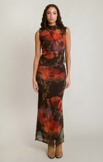 Haut en résille à motif floral Dex, coloris marron/orange floral, vêtement porté en tenue