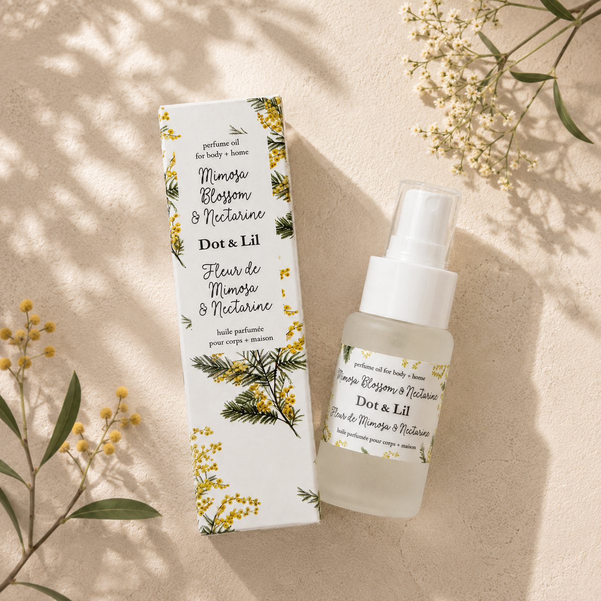 Huile de parfum – Fleur de mimosa & nectarine – 35 ml de Dot & Lil – présentation du produit