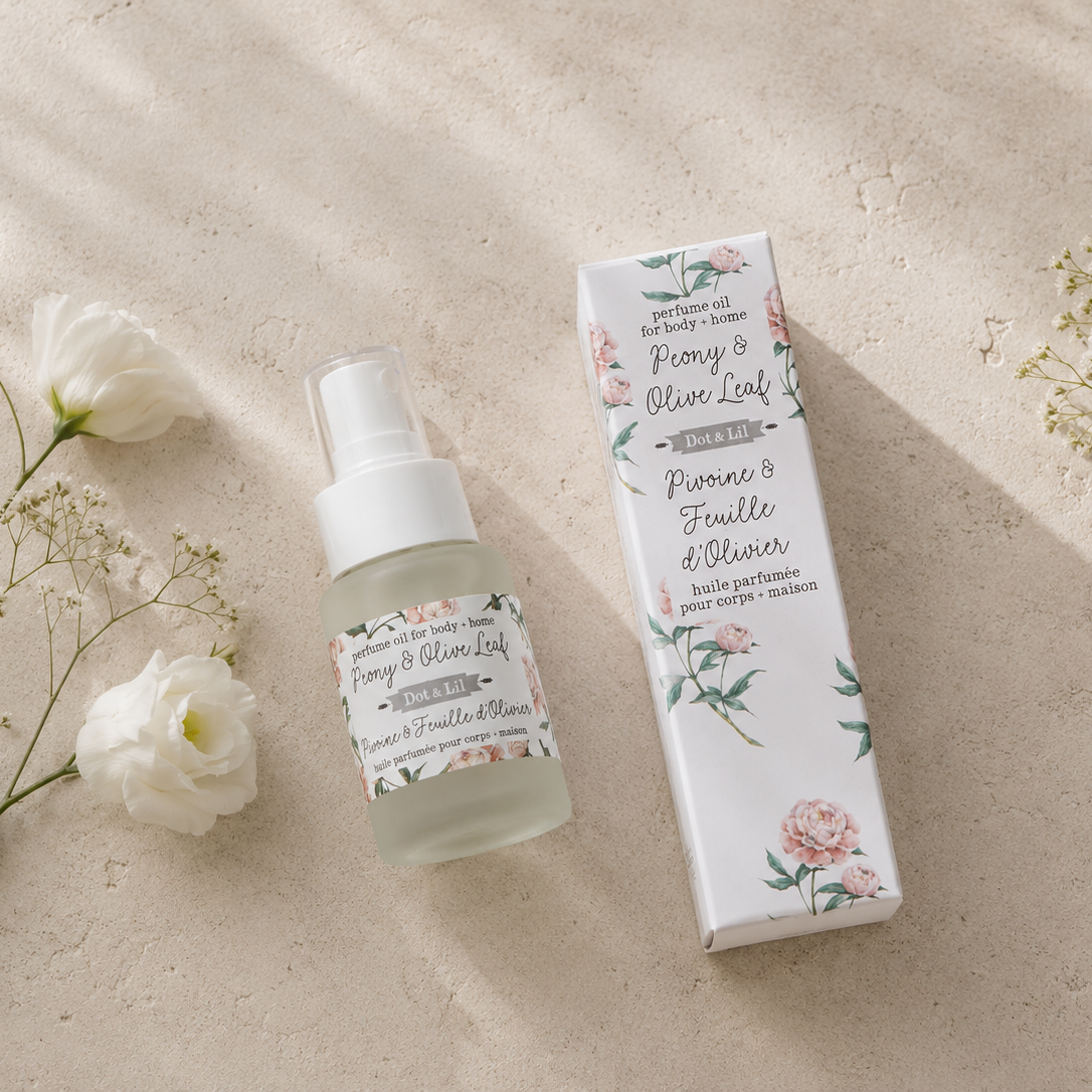 Huile de parfum – Pivoine & feuille d’olivier – 35 ml de Dot & Lil – présentation du produit