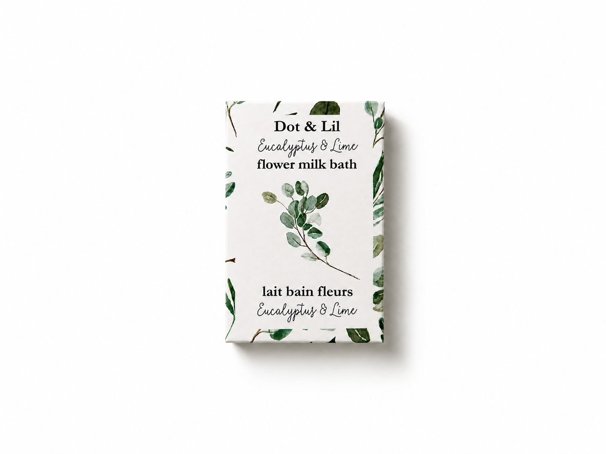 Lait de bain en sachet – Eucalyptus & lime – 75 g de Dot & Lil – présentation du produit
