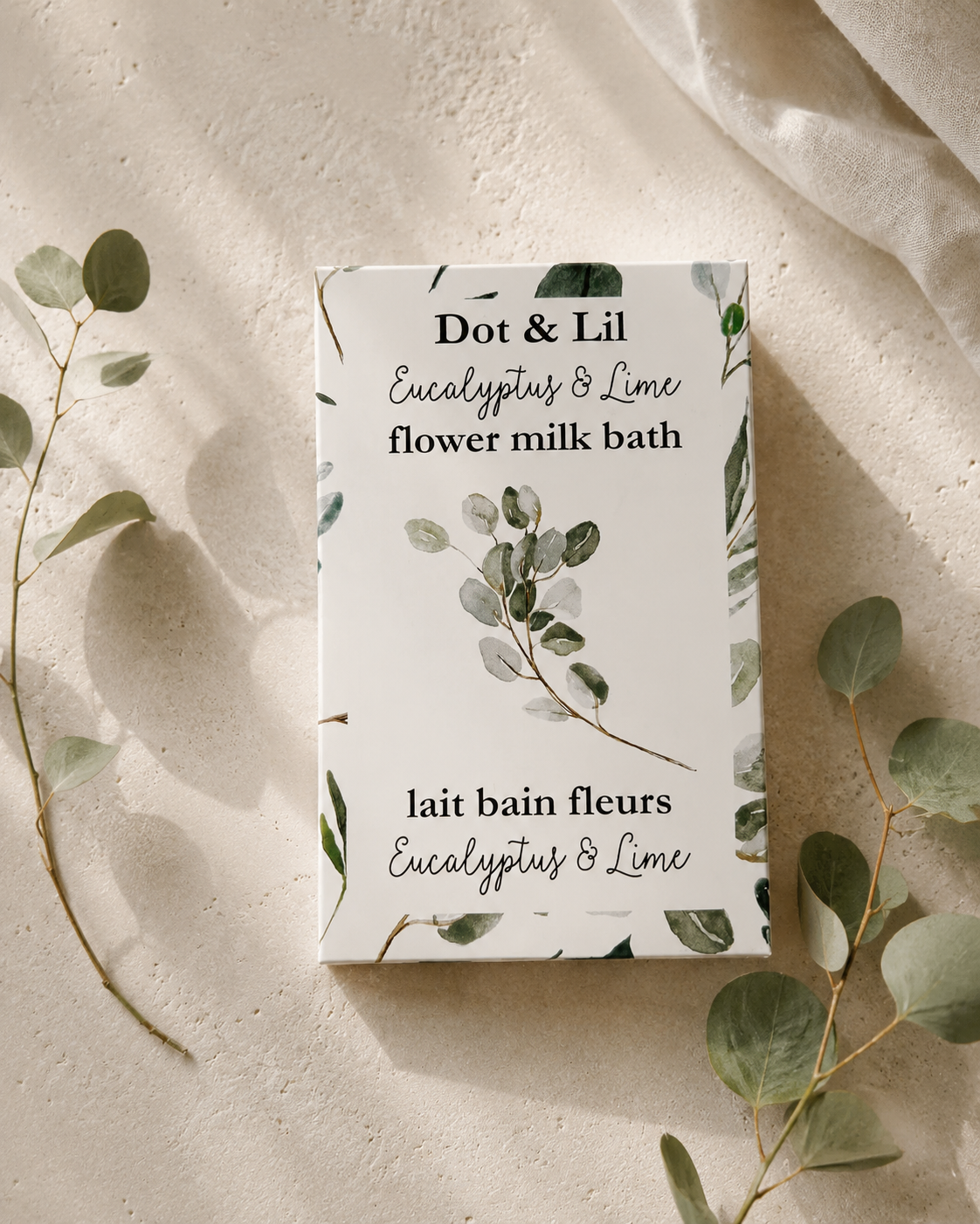 Lait de bain en sachet – Eucalyptus & lime – 75 g de Dot & Lil – présentation du produit