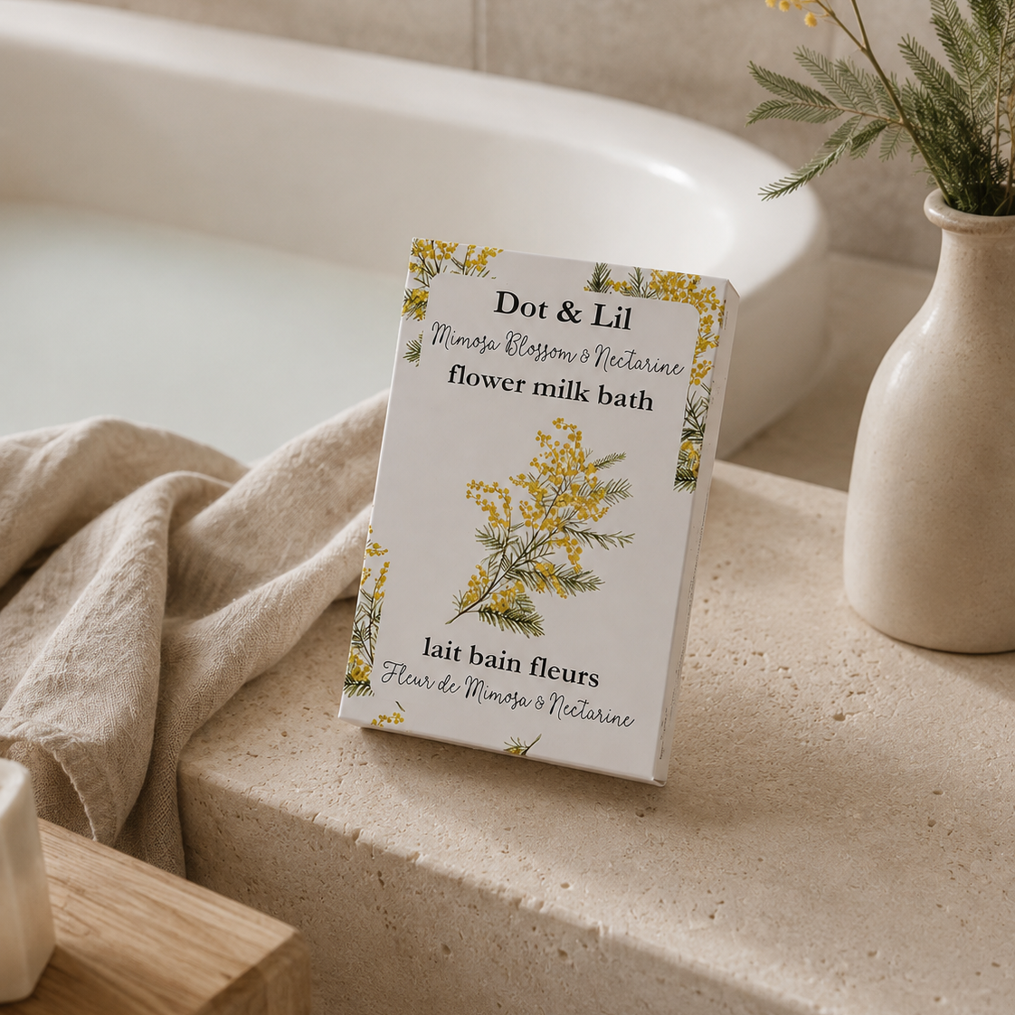 Lait de bain en sachet – Fleur de mimosa & nectarine – 75 g de Dot & Lil