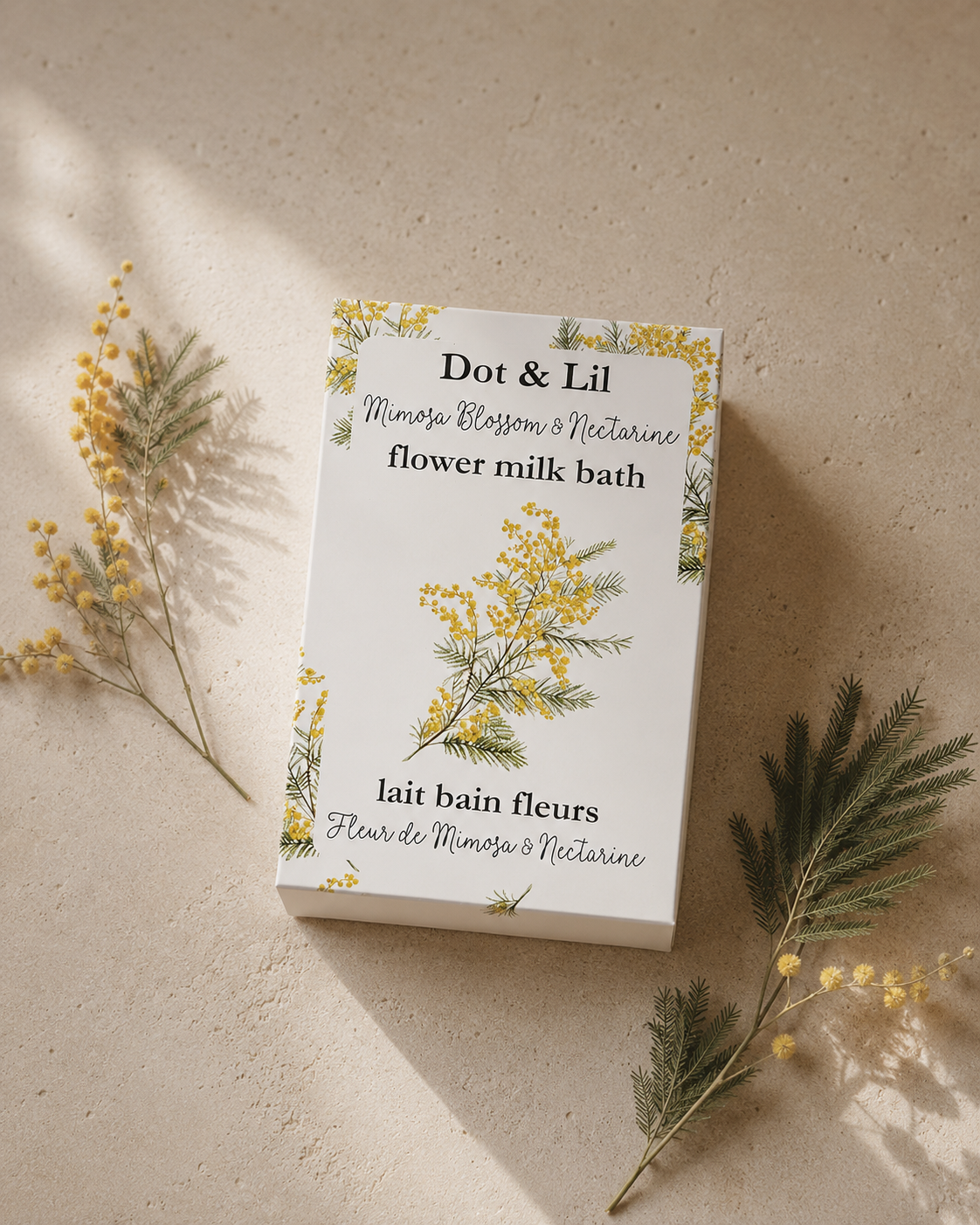 Lait de bain en sachet – Fleur de mimosa & nectarine – 75 g de Dot & Lil – présentation du produit