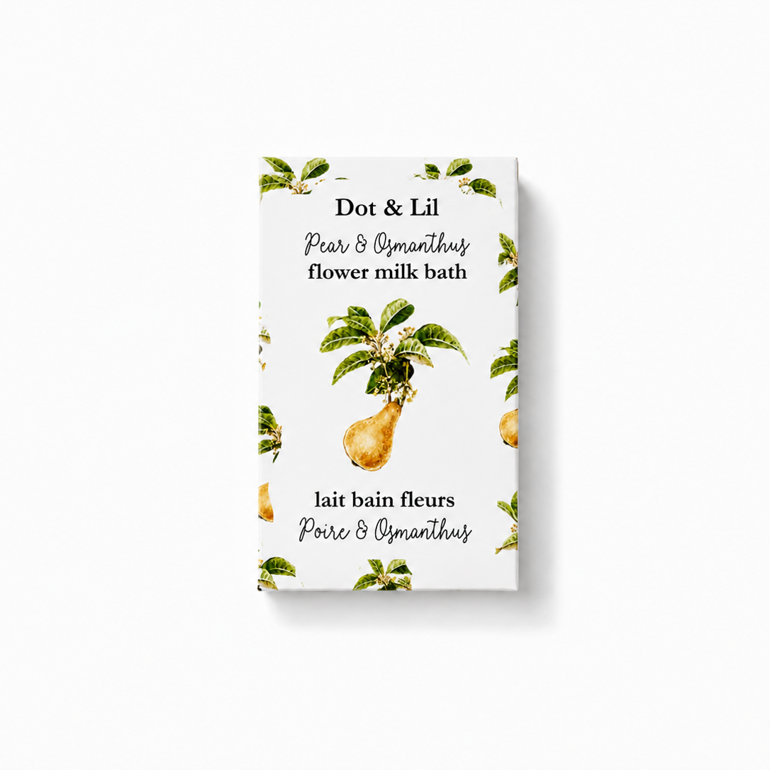 Lait de bain en sachet – Poire & osmanthus – 75 g de Dot & Lil – présentation du produit