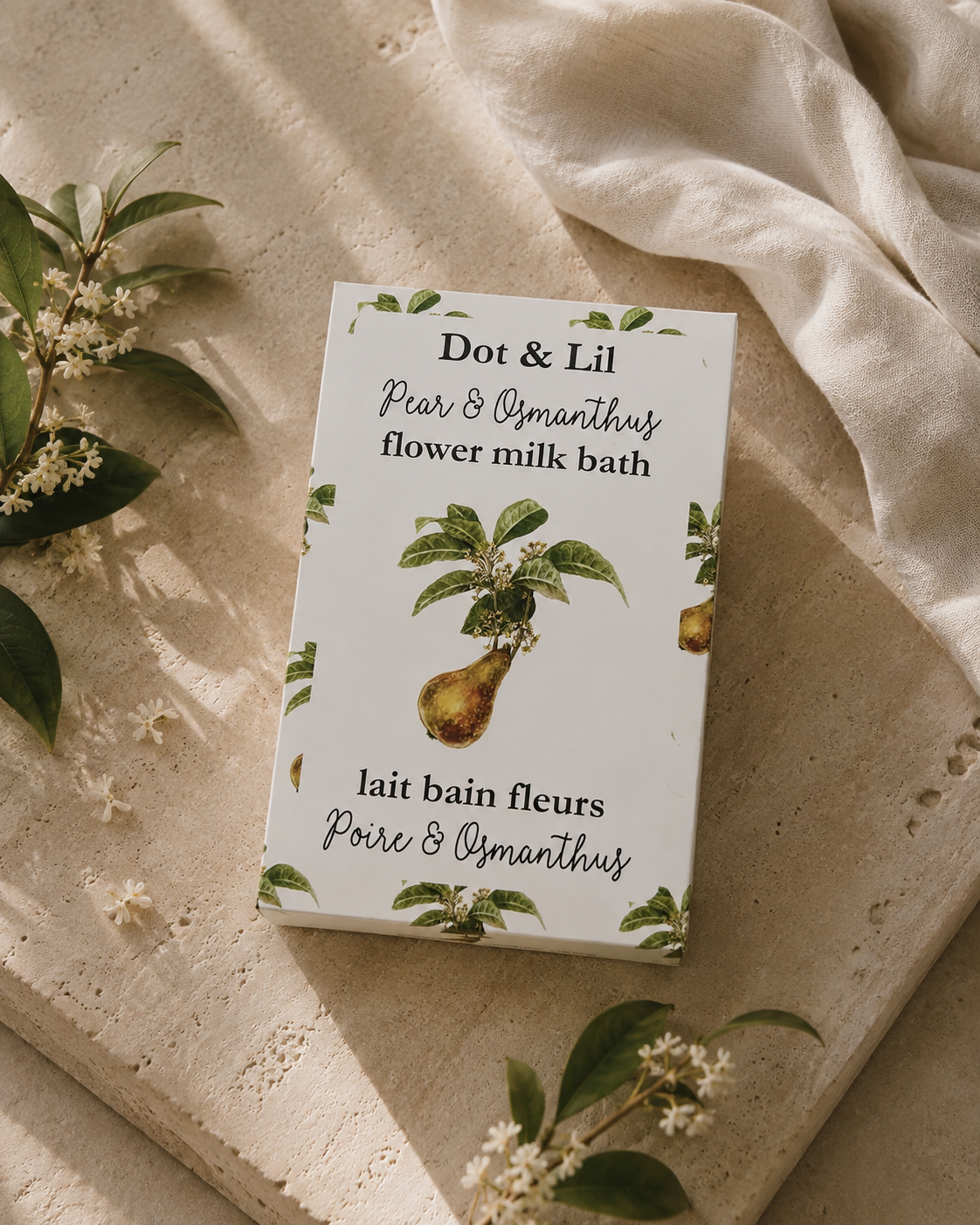 Lait de bain en sachet – Poire & osmanthus – 75 g de Dot & Lil – présentation du produit