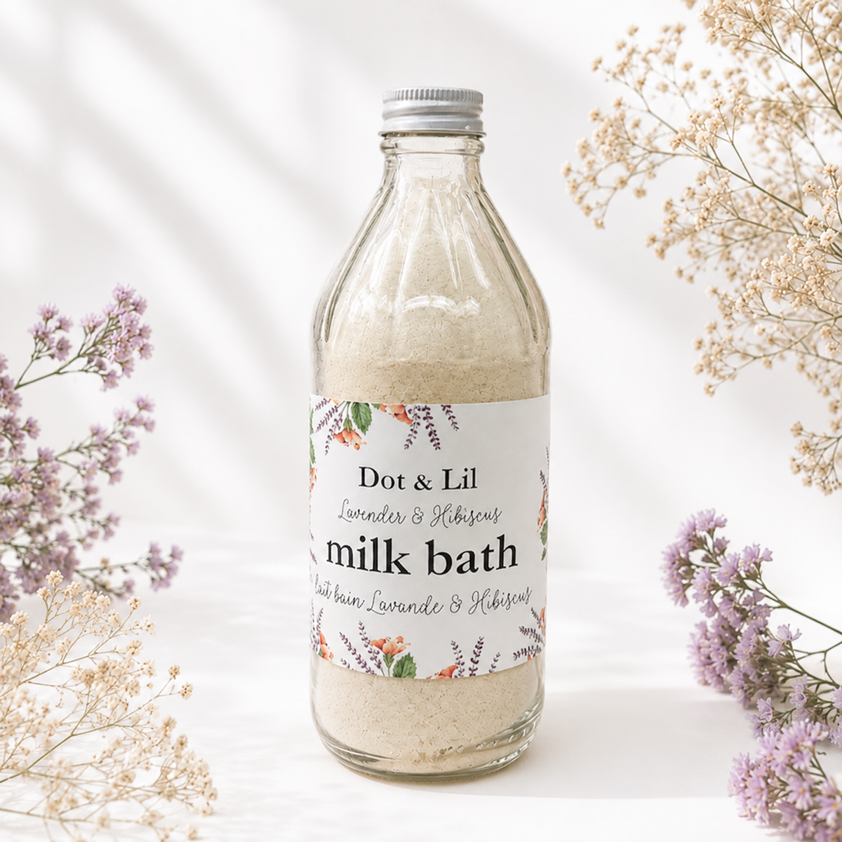 Lait de bain – Lavande & hibiscus – 330 g de Dot & Lil – présentation du produit