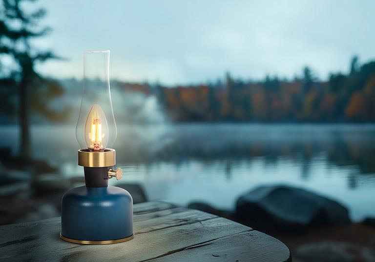Lampe lanterne DEL bleue à cheminée Abbott — mise en situation