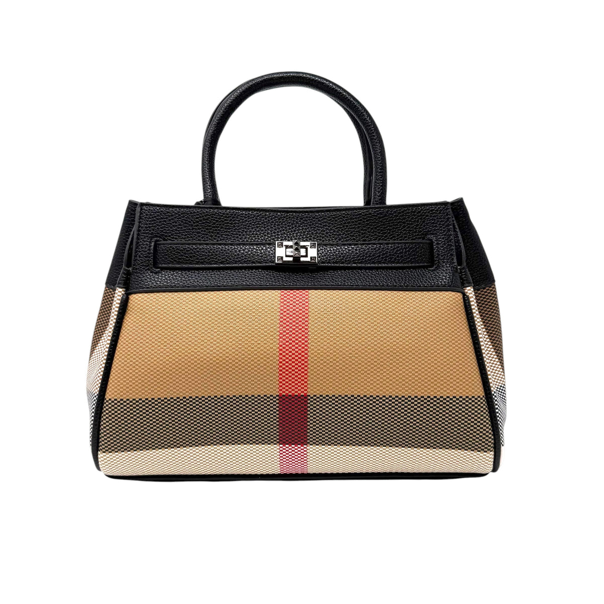 Structured vegan leather handbag with beige plaid pattern and black leather trim