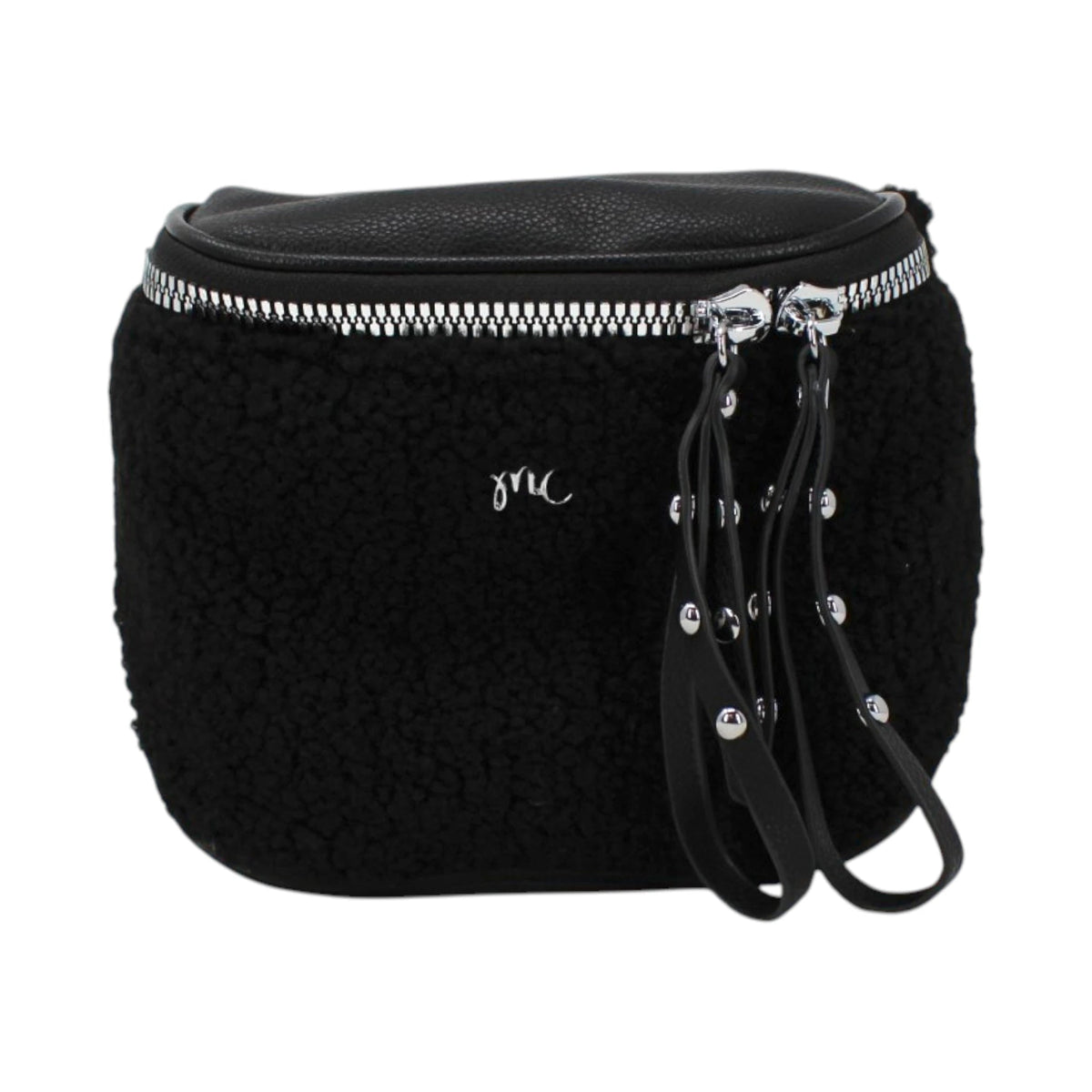 Sac banane Maison Taïga noir en matière effet mouton avec fermeture éclair argentée et tirettes décoratives