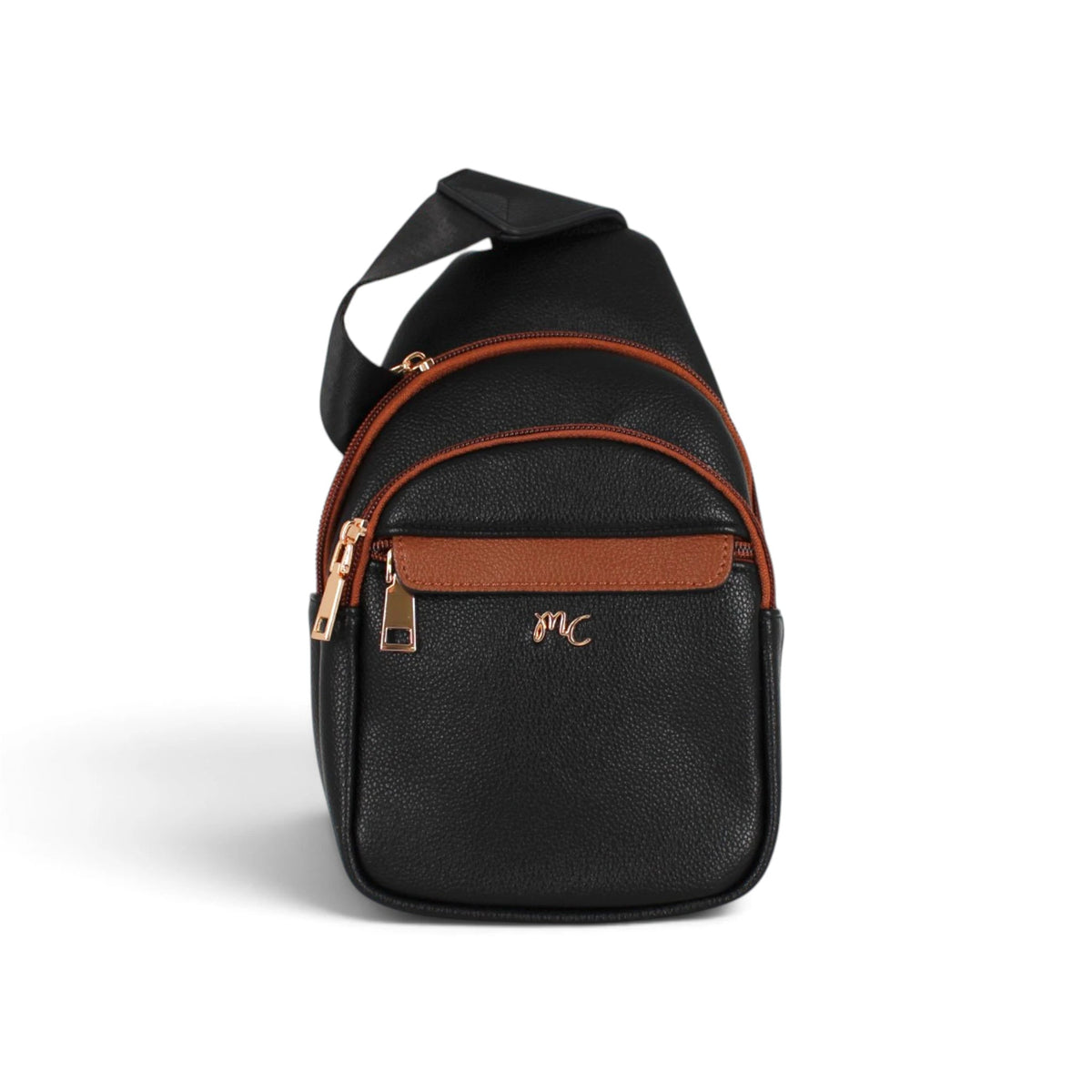 Sac bandoulière Maison Taïga vertical en cuir noir avec détails cognac et fermetures éclair dorées