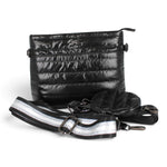 Sac bandoulière Maison Taïga en nylon noir matelassé avec sangle ajustable rayée argentée et petite pochette ronde