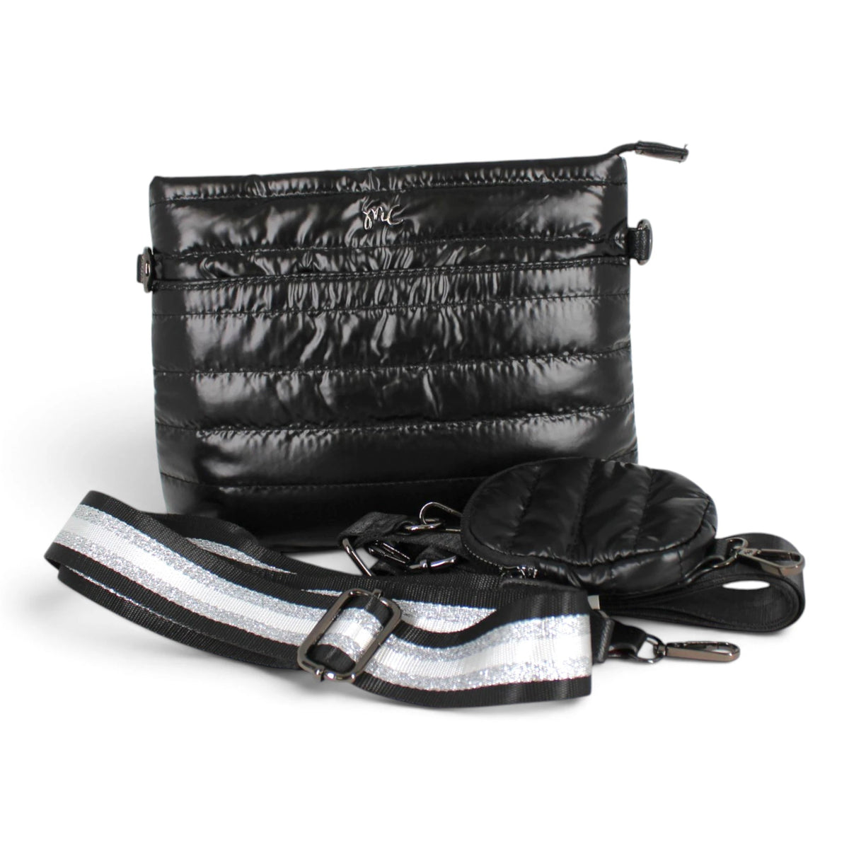 Sac bandoulière Maison Taïga en nylon noir matelassé avec sangle ajustable rayée argentée et petite pochette ronde