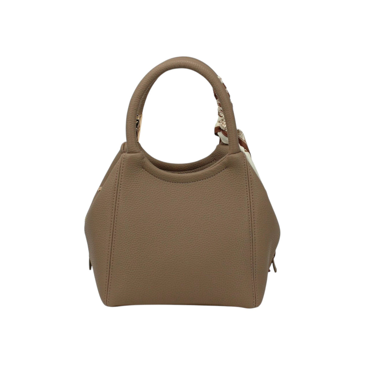 Sac à main Maison Taïga en cuir vegan beige avec anses structurées et foulard décoratif, design urbain élégant.