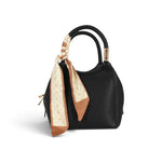 Sac à main Maison Taïga en cuir vegan noir avec anses structurées et foulard décoratif beige à motifs géométriques