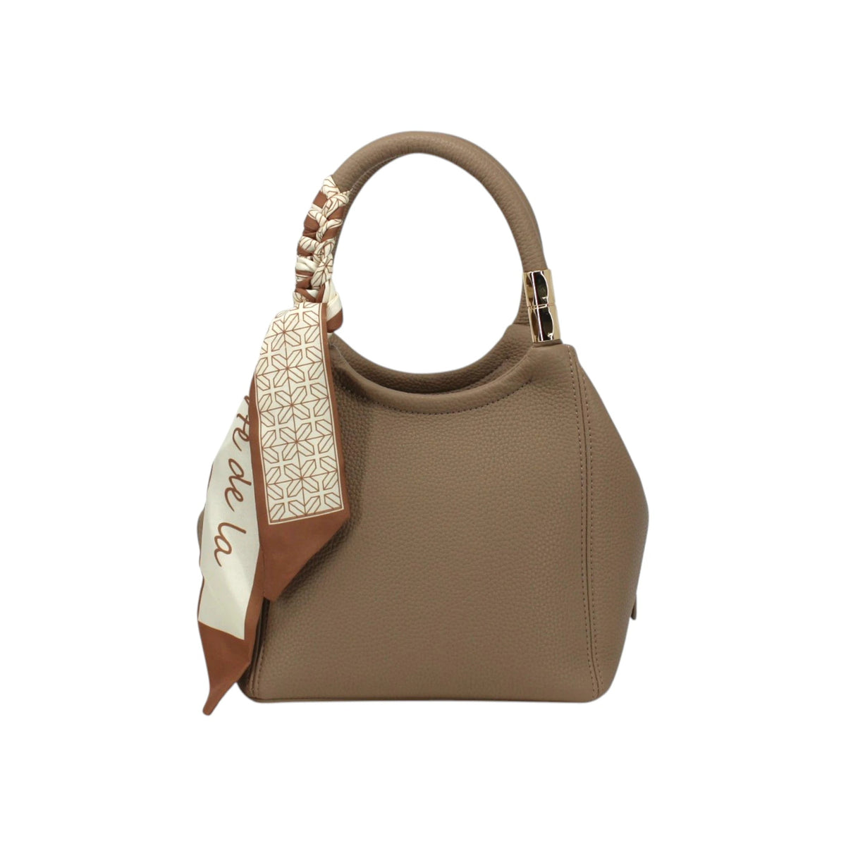Sac à main Maison Taïga en cuir vegan taupe avec anses arrondies et foulard décoratif à motifs géométriques