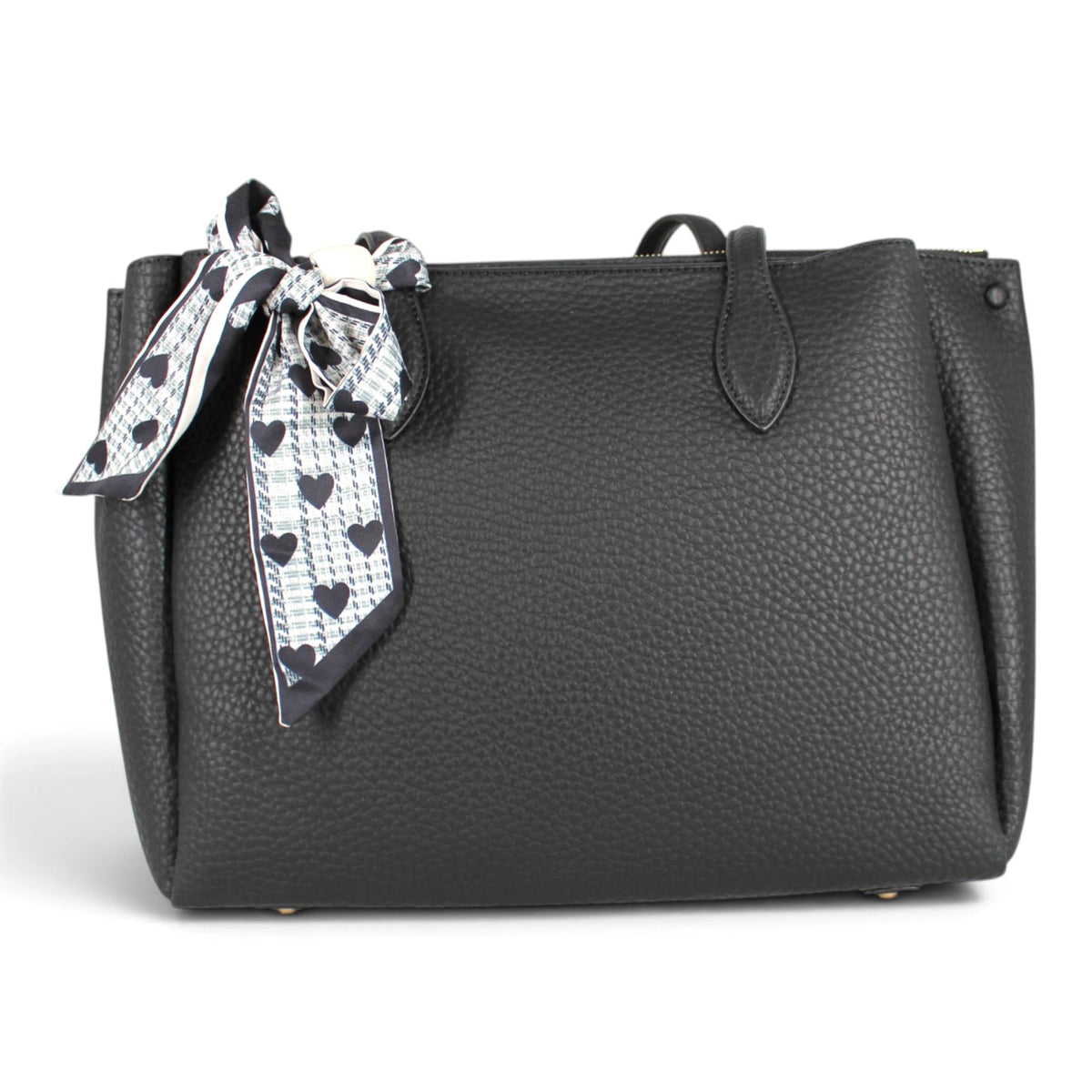 Sac à main Maison Taïga Évasion noir en PVC grainé avec foulard décoratif à motifs cœurs sur la anse