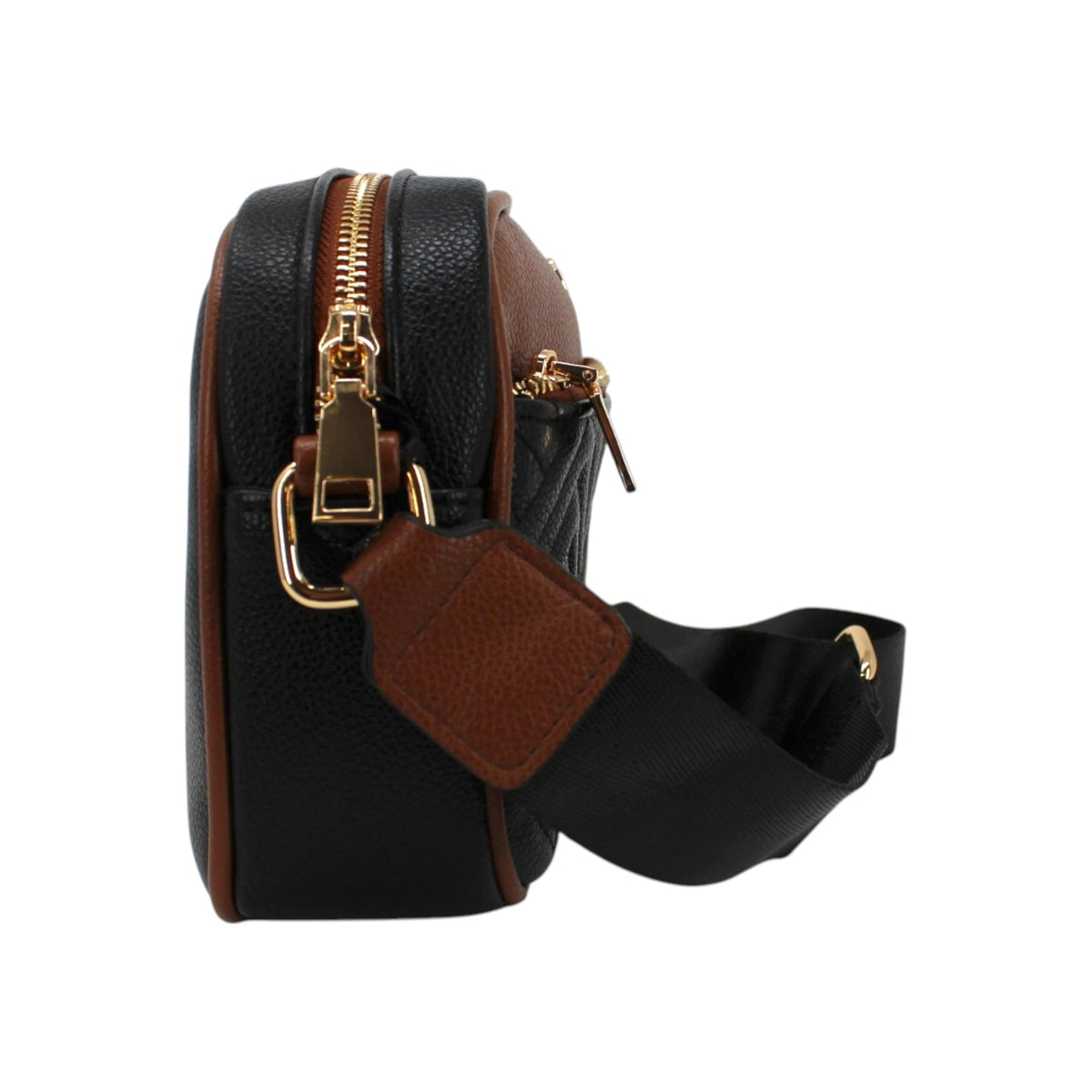 Sac à main Maison Taïga en PVC noir et marron avec fermeture éclair dorée et bandoulière réglable, vue de profil