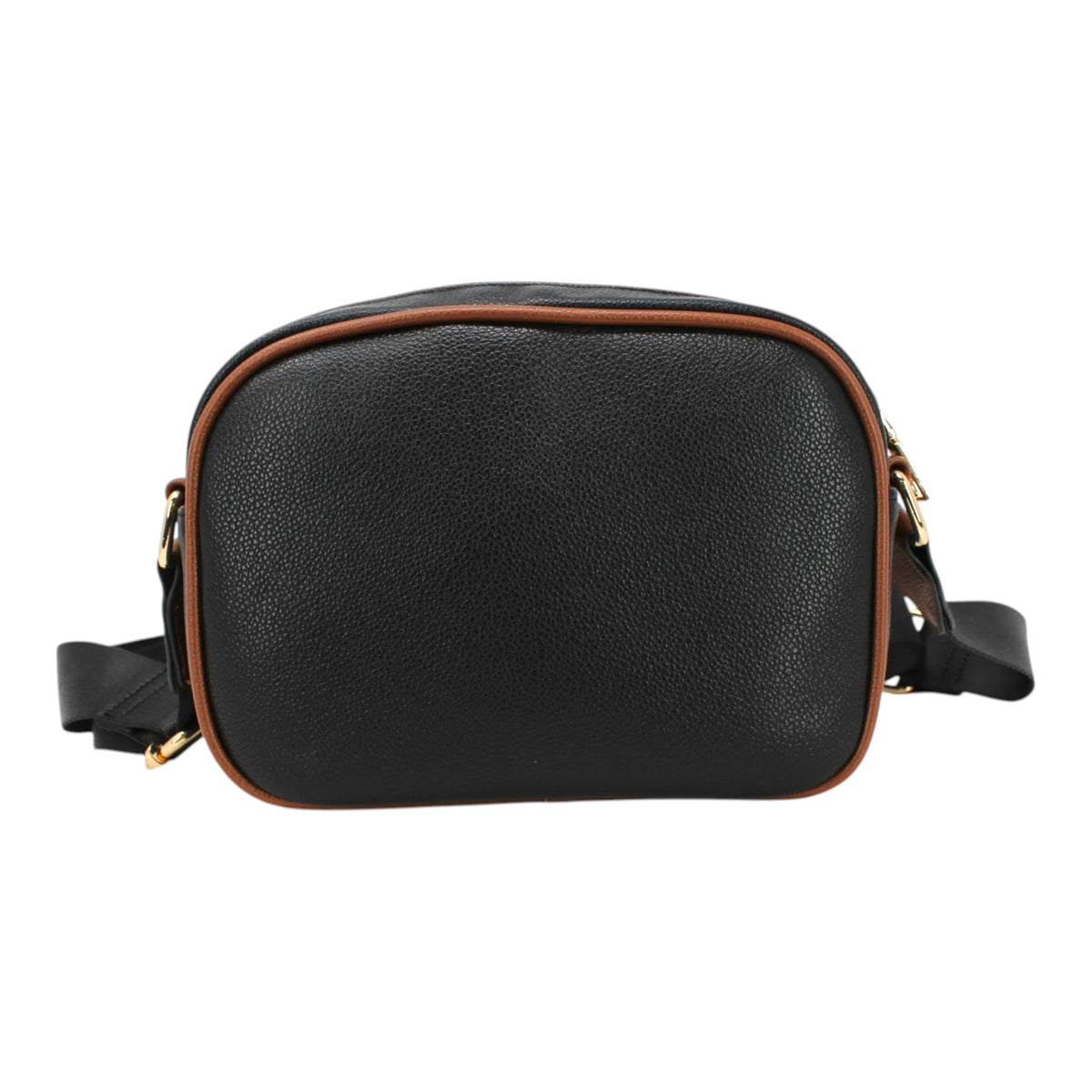 Sac à main Maison Taïga en PVC noir avec bordures marron et bandoulière réglable