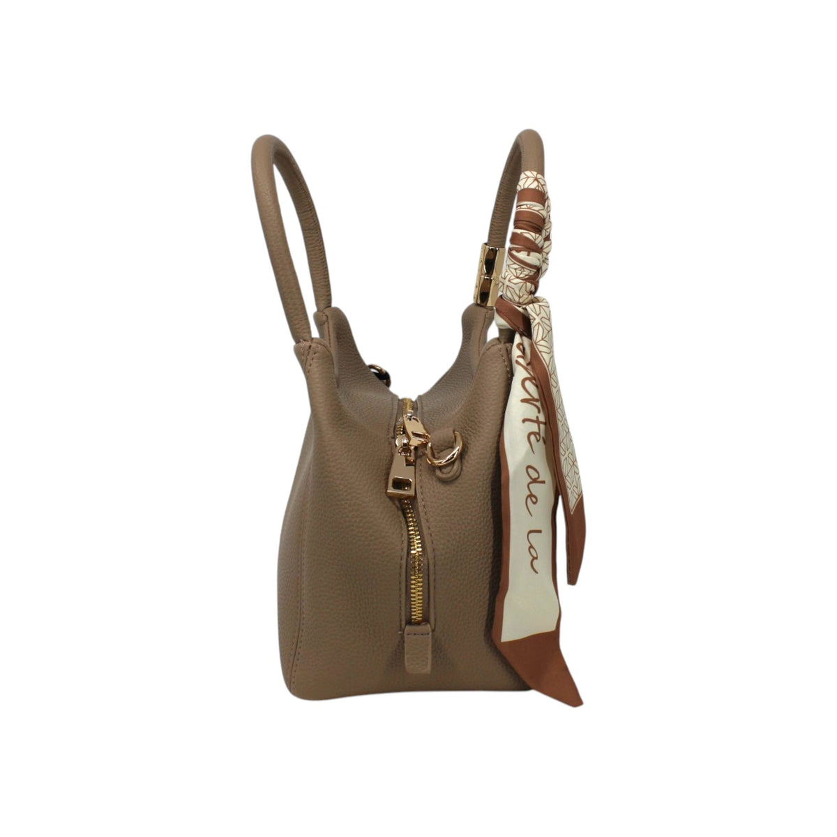 Sac à main Maison Taïga en cuir vegan taupe avec anses, fermeture éclair dorée et foulard décoratif noué
