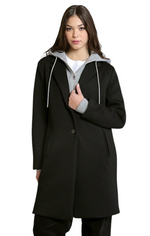 Manteau mi-long noir Dex 2829010D vu de face : col à revers, capuche grise à cordons et empiècement zippé.