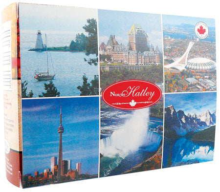Dos de la boîte de biscuits à la crème d’érable North Hatley, illustré de paysages canadiens
