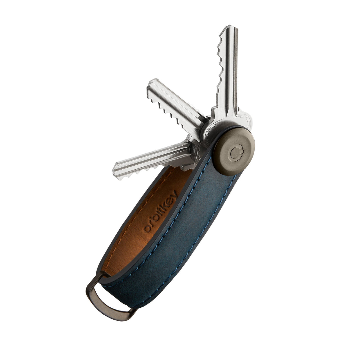 Organiseur de clés en cuir Crazy Horse Orbitkey — bleu avec clés déployées