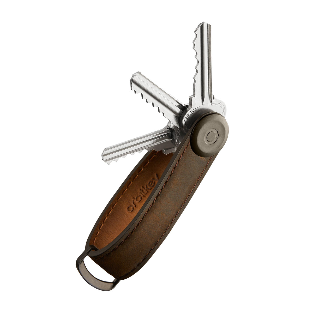 Organiseur de clés en cuir Crazy Horse Orbitkey — brun chêne avec clés déployées