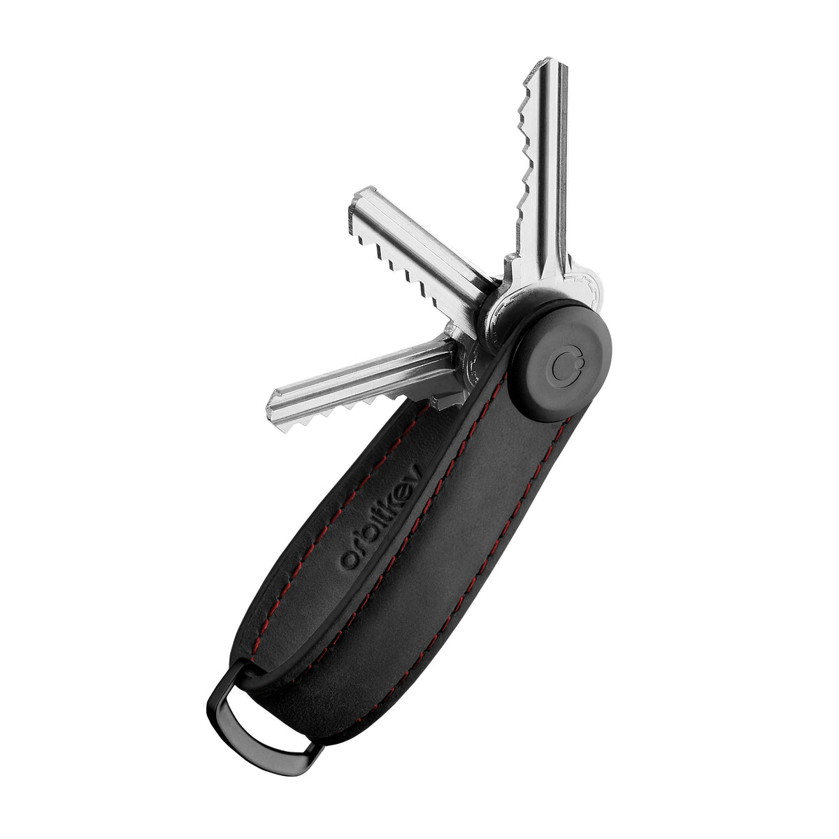 Organiseur de clés en cuir Crazy Horse Orbitkey — noir à surpiqûres rouges avec clés déployées