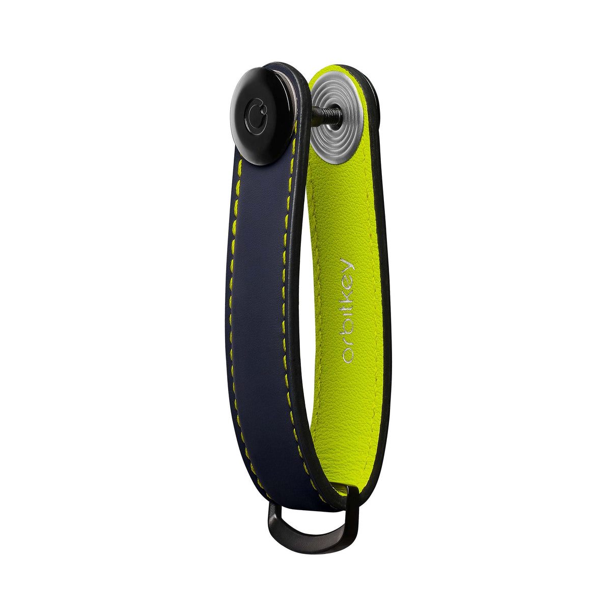 Organiseur de clés en cuir mat Orbitkey — bleu foncé et jaune — vue du produit