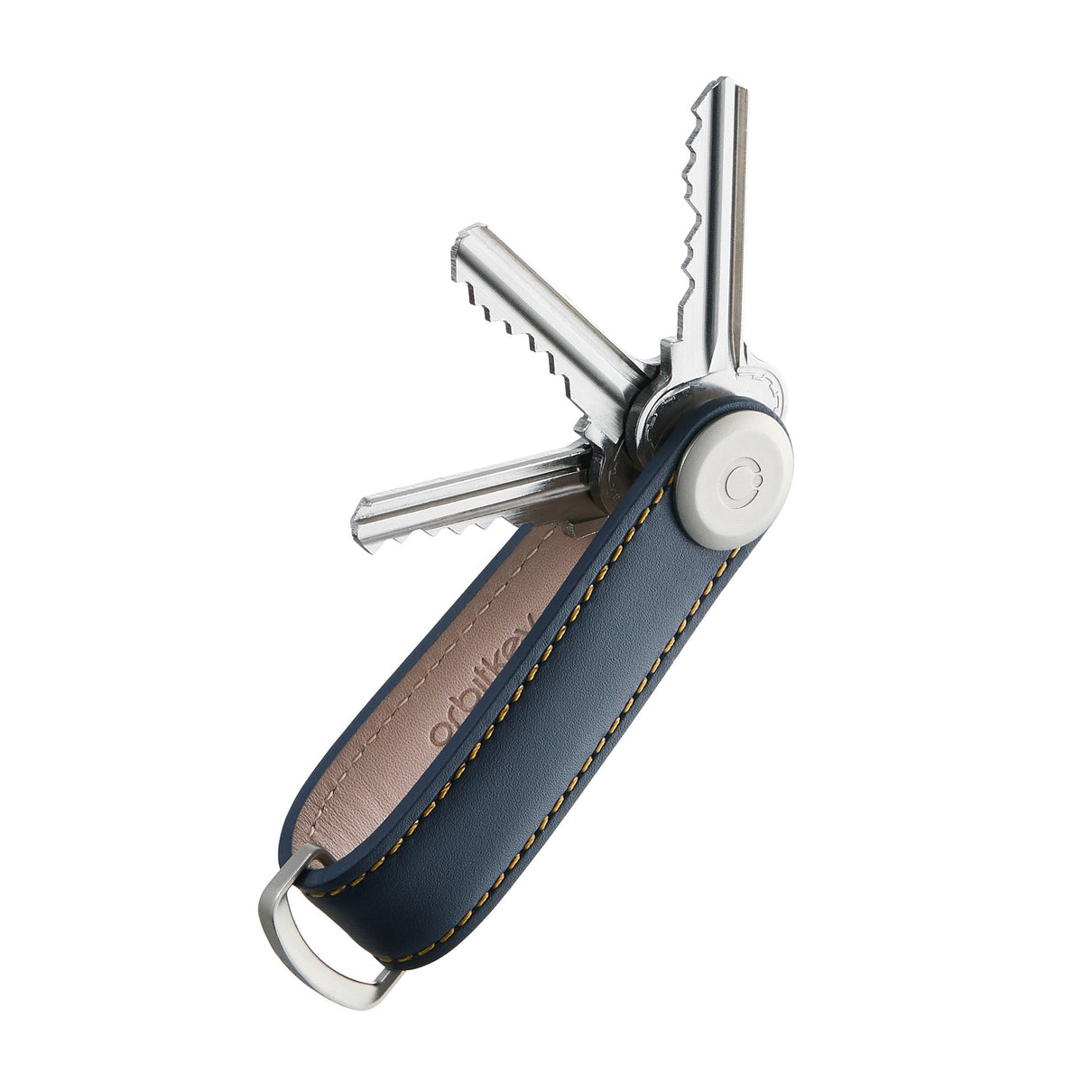 Organiseur de clés en cuir Orbitkey — bleu marine à surpiqûres beiges — clés déployées