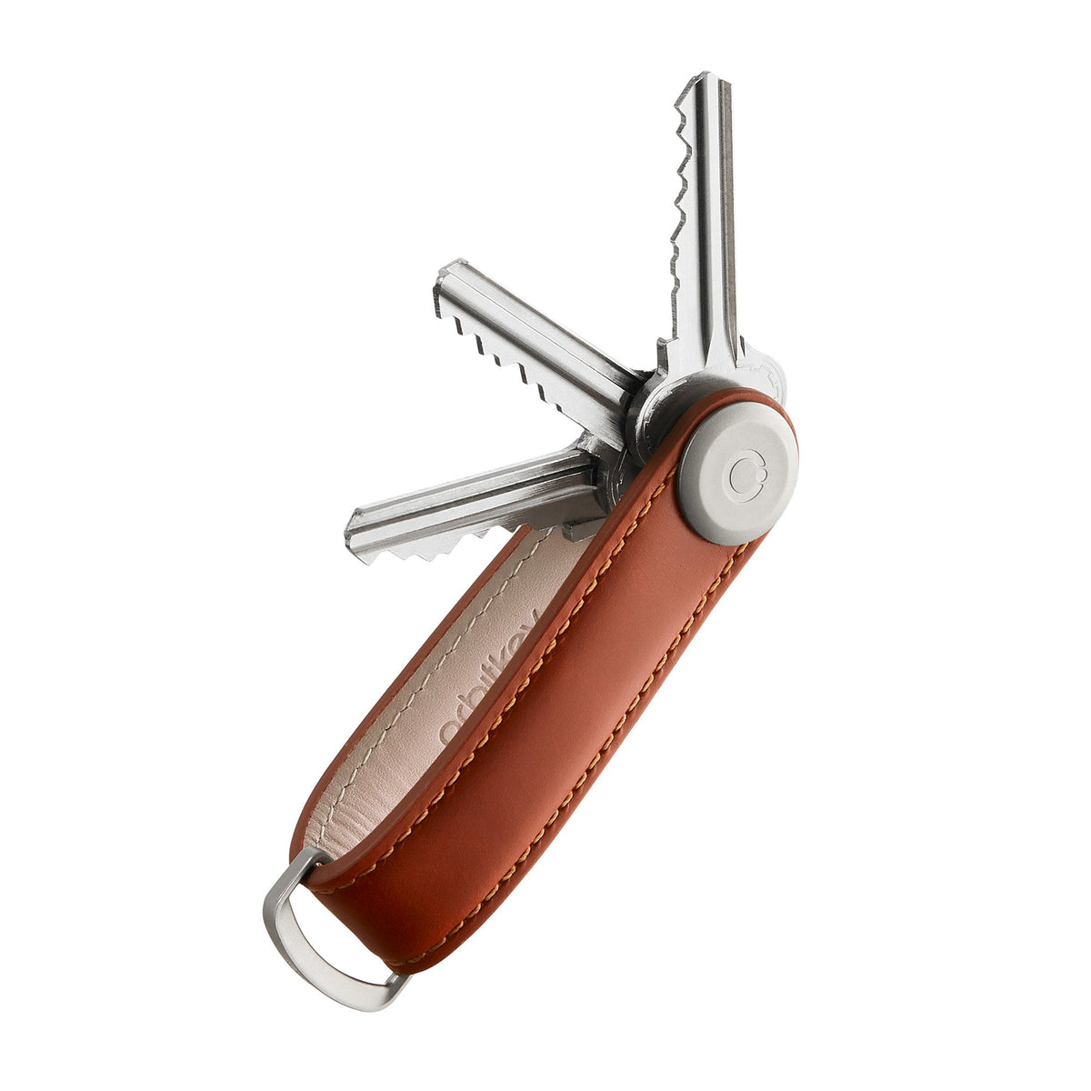 Organiseur de clés en cuir Orbitkey — cognac à surpiqûres beiges — clés déployées