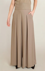 Pantalon plissé taille haute Dex, coloris champignon, vêtement porté