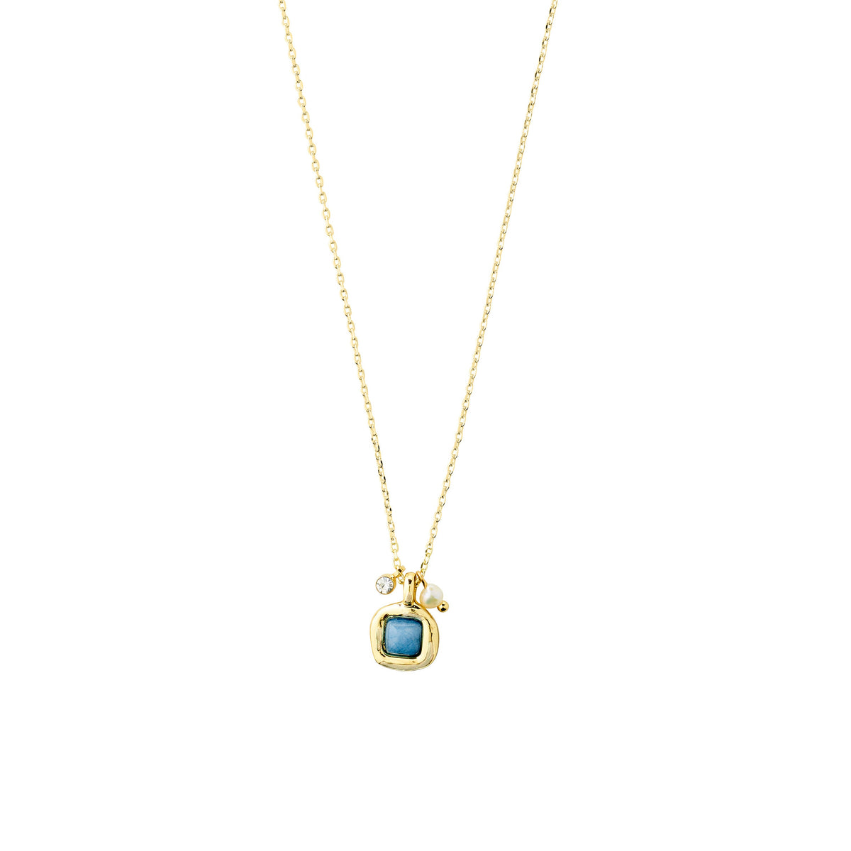 Collier NOW Pilgrim plaqué or avec pierre bleue, perle d’eau douce et cristal Preciosa