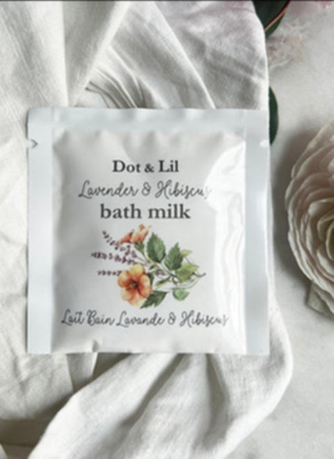 Sachet de lait de bain Dot & Lil sur un tissu clair