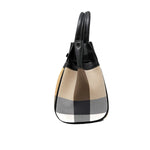 Structured vegan leather handbag with black handles and a beige, black, and white plaid pattern.