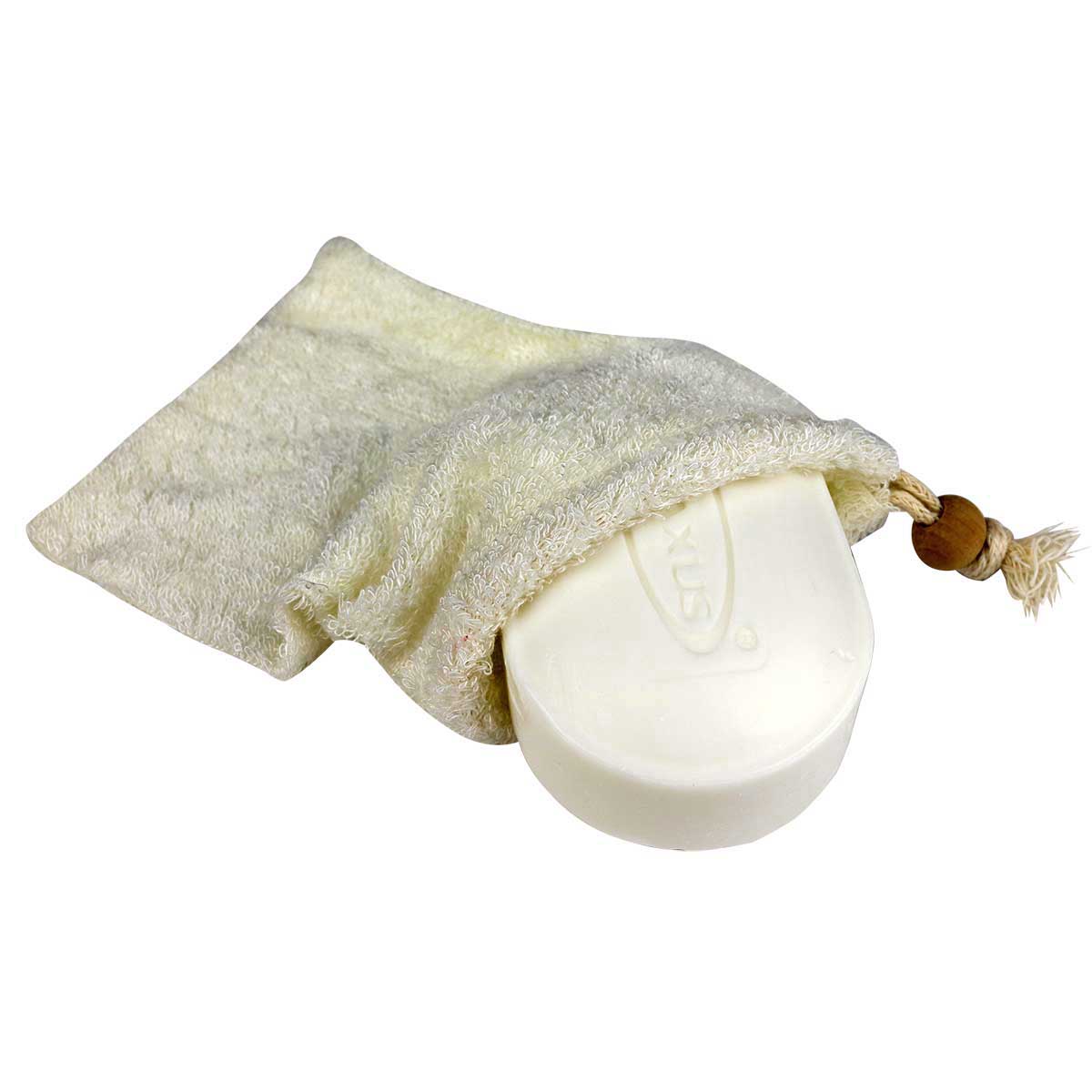 Pochette à savon Relaxus en bambou et coton, illustrée avec un savon