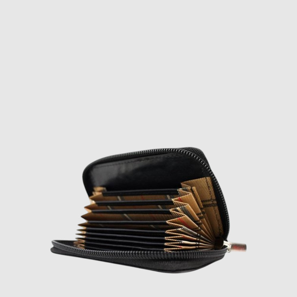 Porte-cartes Hunt RFID en cuir bicolore — noir et cognac, compartiments en accordéon ouverts