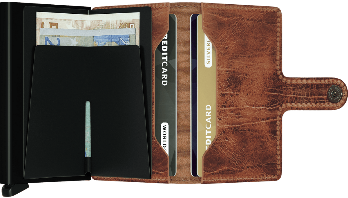 Portefeuille Miniwallet Dutch Martin – Secrid, whisky, vue ouverte avec les rangements intérieurs