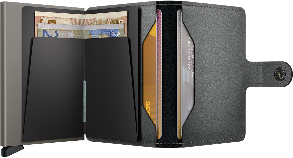 Portefeuille Miniwallet en cuir mat – Secrid, acier satiné, vue ouverte avec les rangements intérieurs