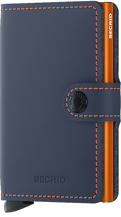 Portefeuille Miniwallet en cuir mat – Secrid, bleu nuit et orange, vue de face