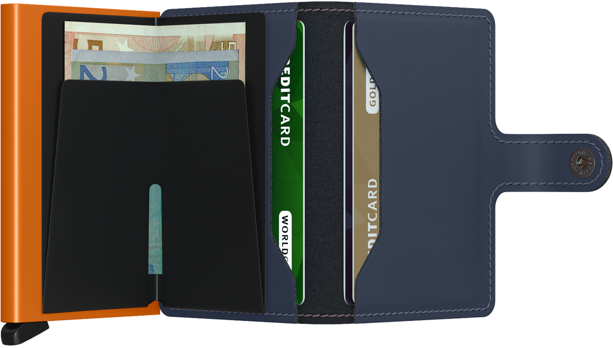 Portefeuille Miniwallet en cuir mat – Secrid, bleu nuit et orange, vue ouverte avec les rangements intérieurs
