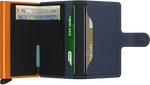 Portefeuille Miniwallet en cuir mat – Secrid, bleu nuit et orange, vue ouverte avec les rangements intérieurs