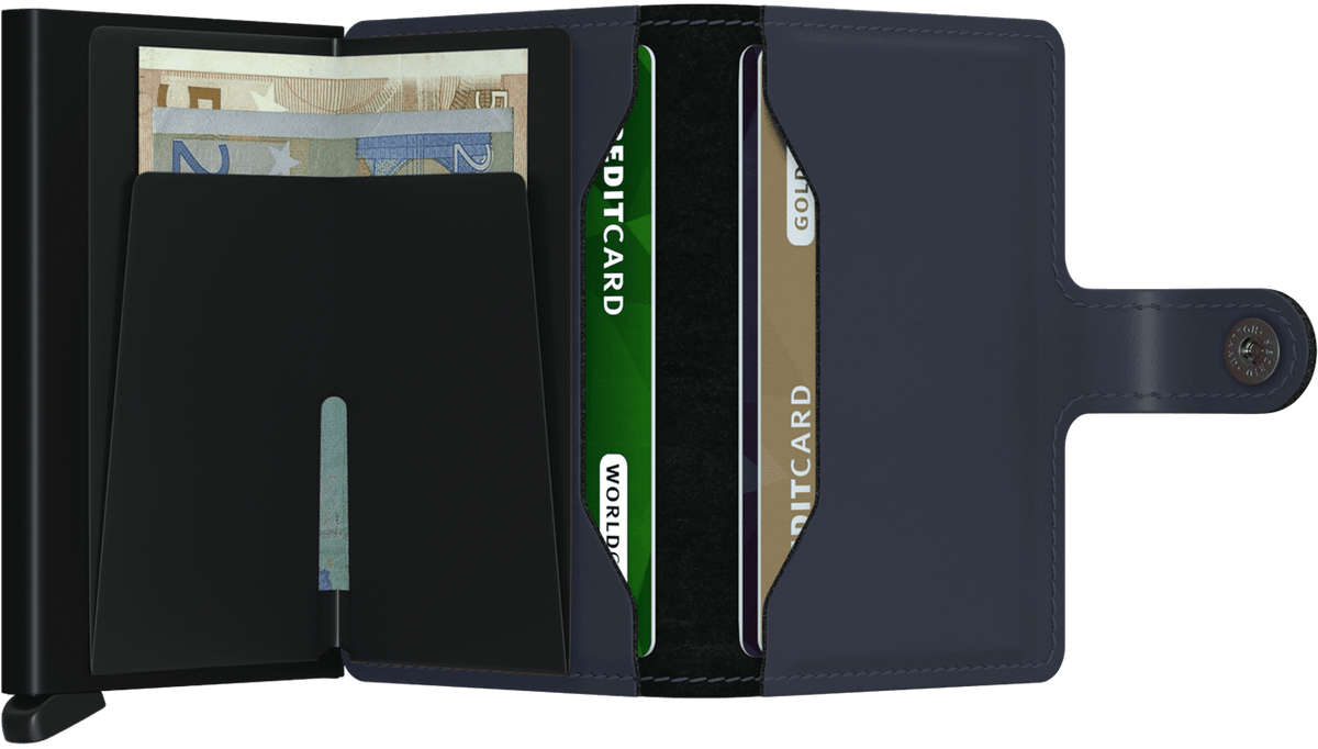 Portefeuille Miniwallet en cuir mat – Secrid, bleu nuit, vue ouverte avec les rangements intérieurs